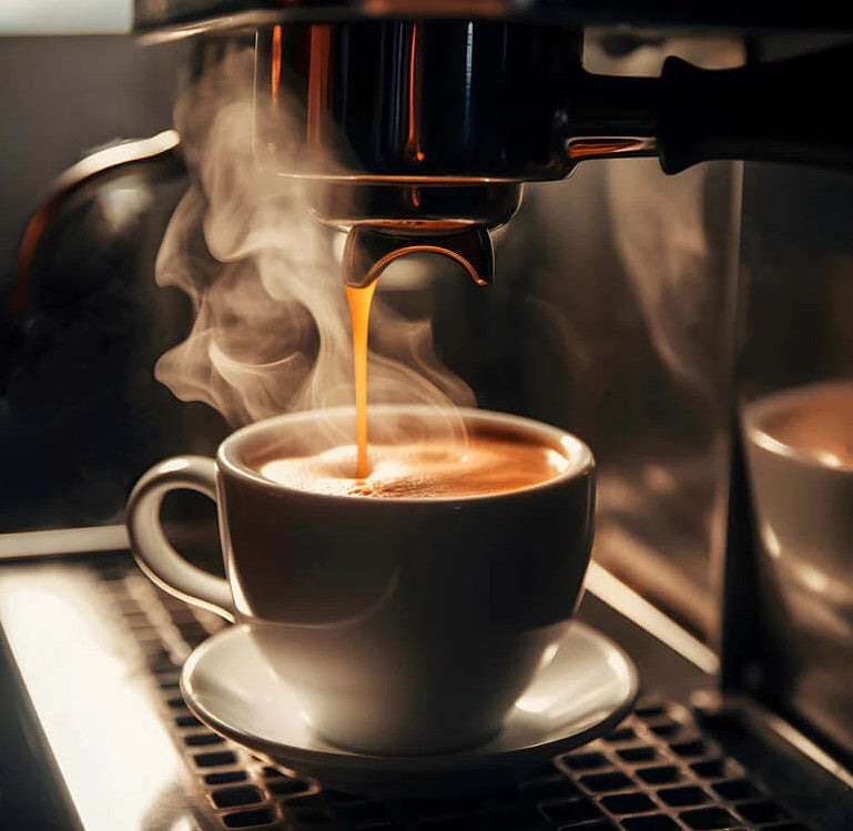 Fresh espresso shot being pulled into a white cup, rich crema rising with steam swirling - a mindful espresso ritual, the pull and the pause.