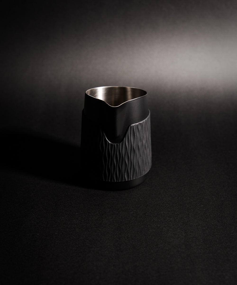 15OZ SLOW POUR SUPPLY® X WPM Monochrome Handleless Latte Art Pitcher with Soft Touch Silicone Wrap