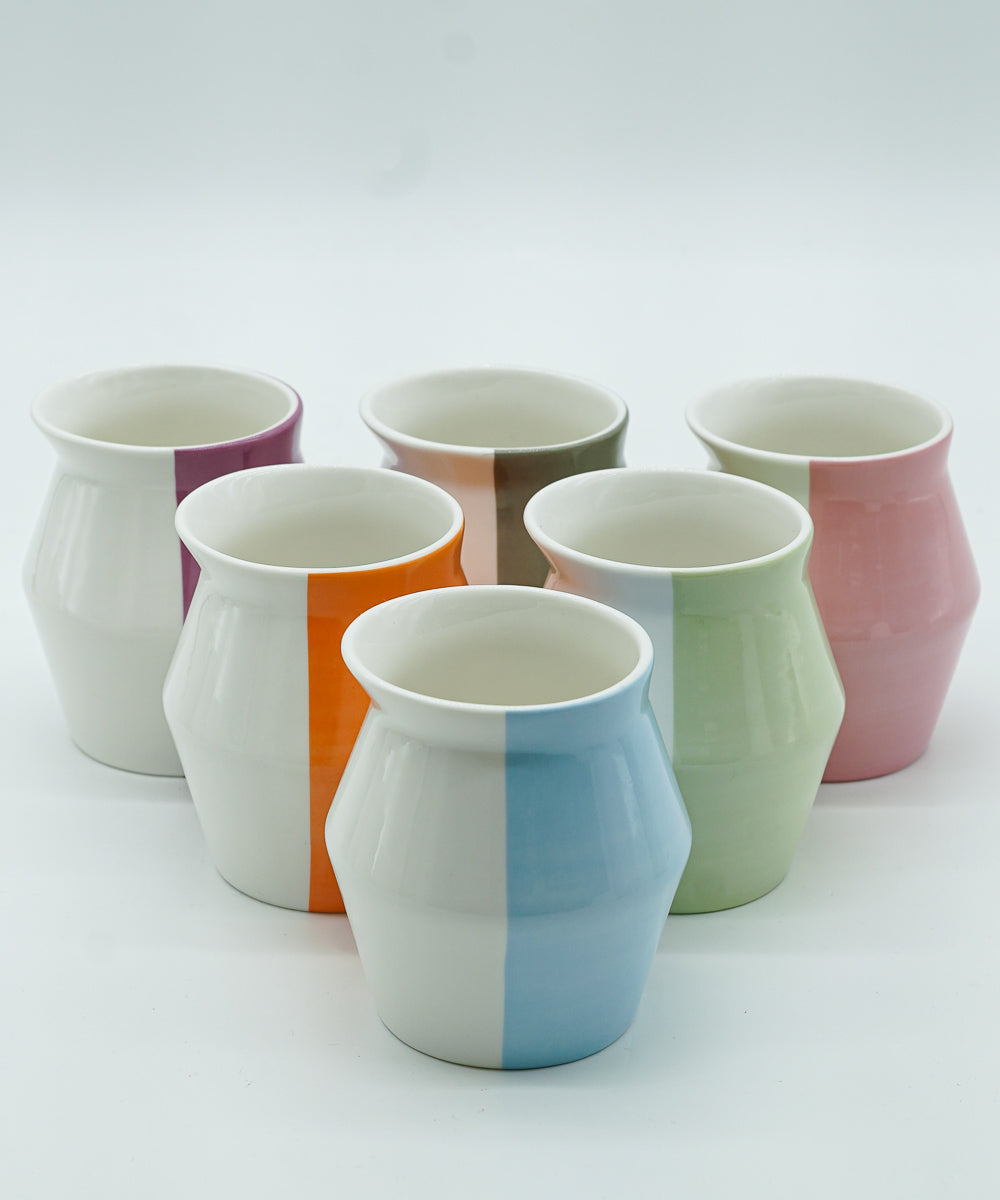 2-WayCup 330ml refined version cups in all six colors, organized into a flat pyramid shape - sky blue, orange, green, purple, grey, and pink