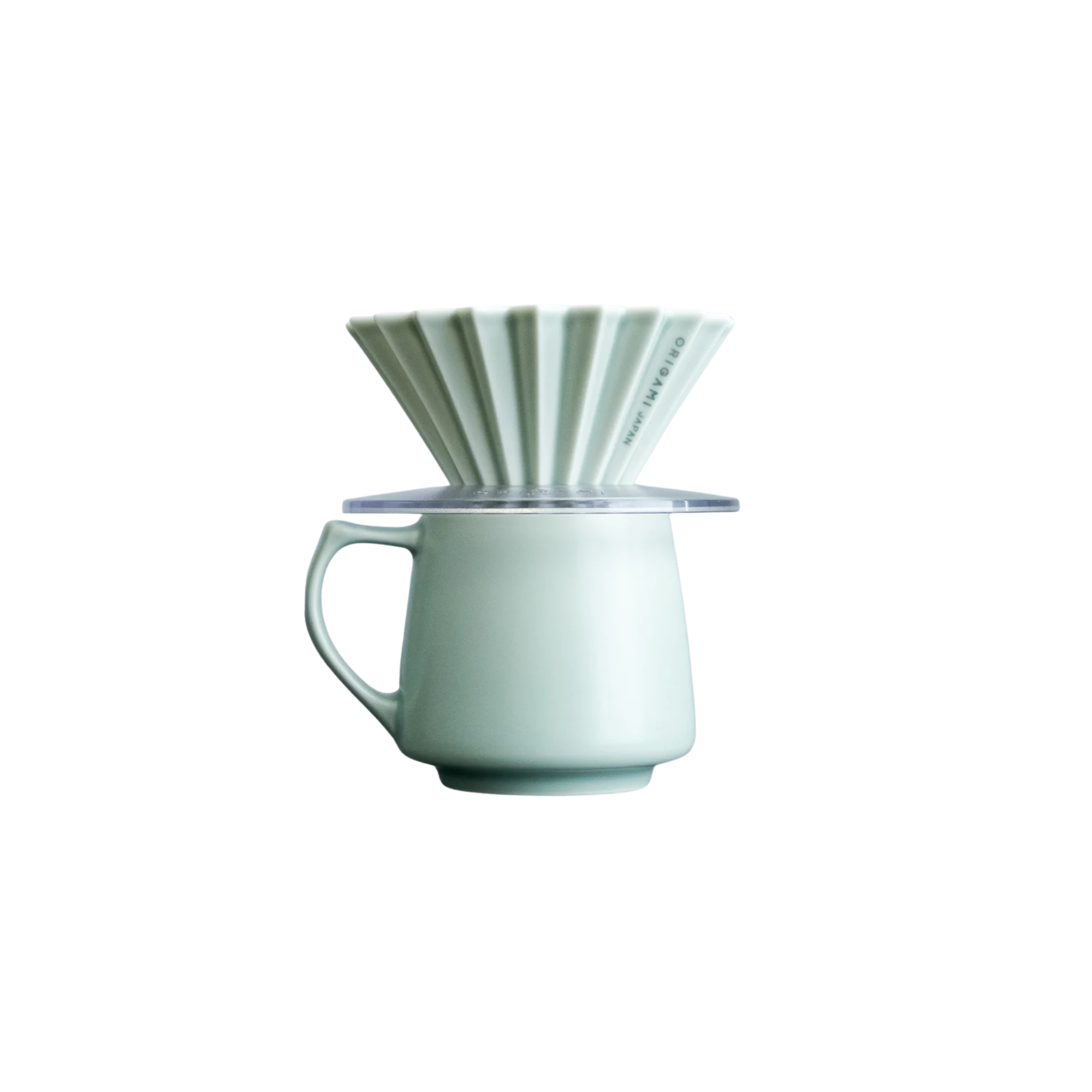 Matte Green Origami Dripper on top of Matte Green Origami Aroma mug cup with Resin Holder