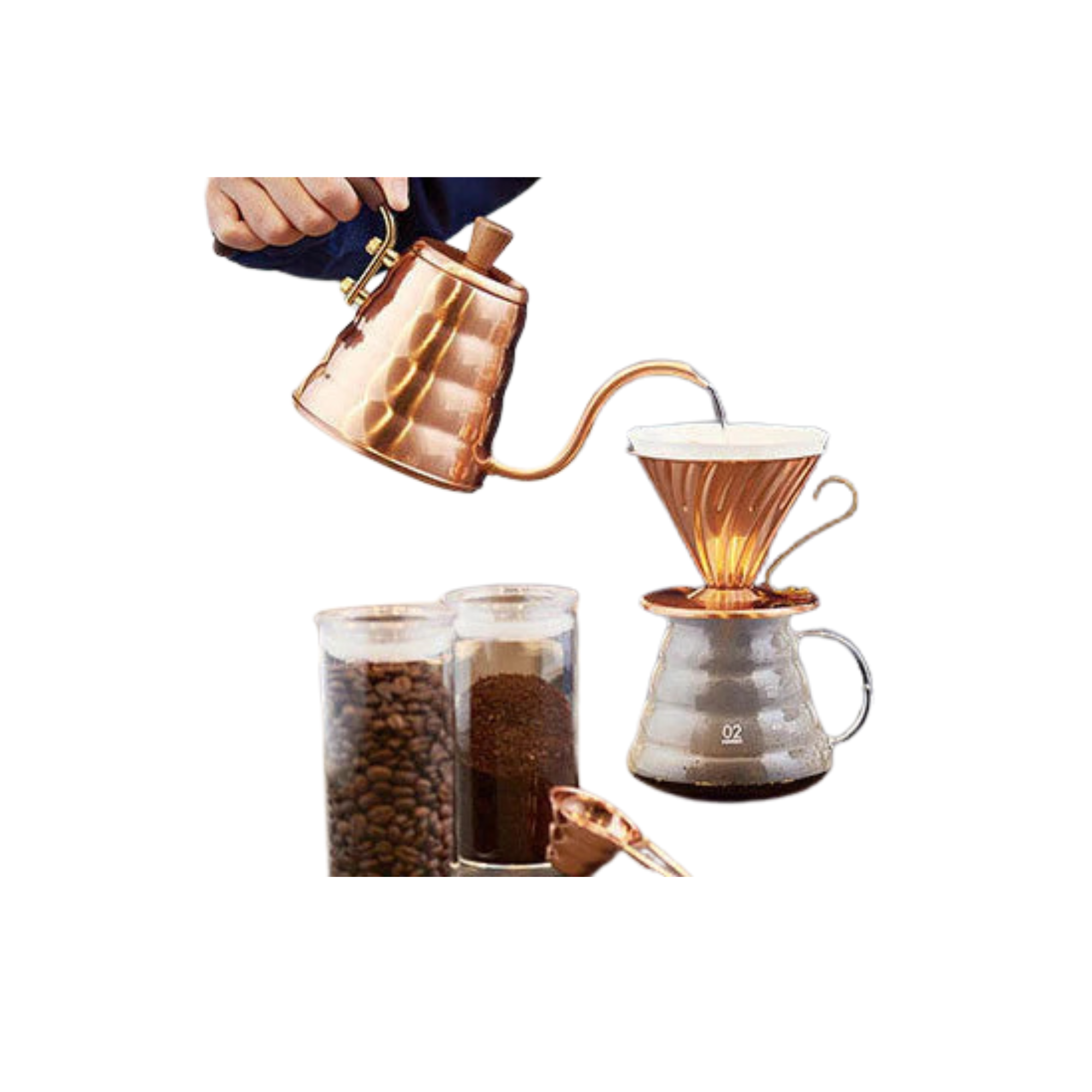 Hario V60 Copper Pour-over Dripper with matching Hario Copper Kettle pouring hot water into dripper into carafe with coffee beans shown