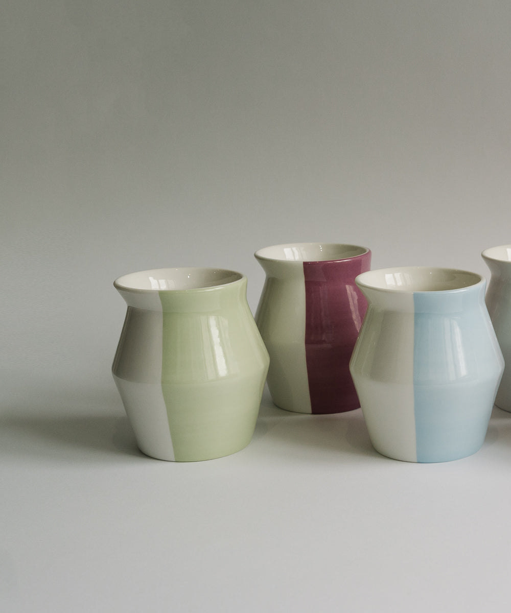 2-WayCup 330ml Refined Version green, purple, and blue two flavor two experience tasting coffee cups staggered against a light grey background