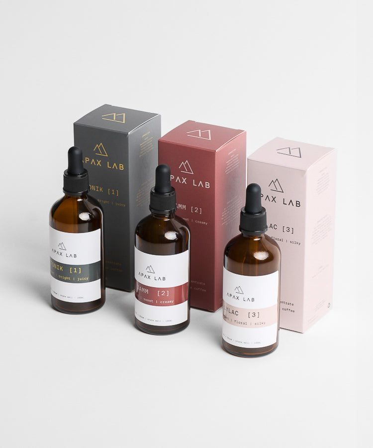APAX Lab Box Set with each of the three bottles TONIK, JAMM, & LYLAC standing in front of their corresponding boxes on white counter with white background
