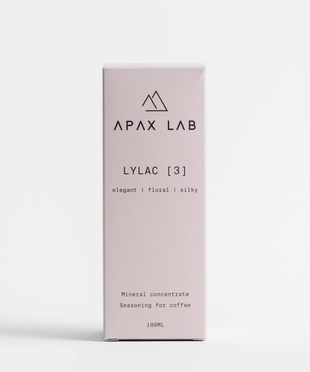 APAX Lab LYLAC water mineral front view of box bottle comes in sitting on a white counter with white background. 