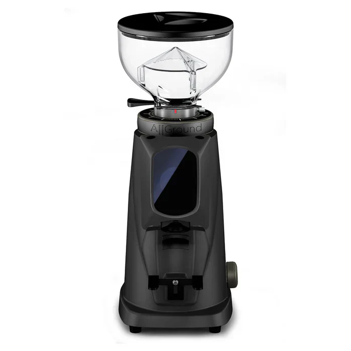 Black coffee grinder with clear top on a white background