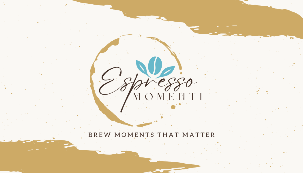 Espresso Momenti logo with gold and white design elements on a white background - stating Brew moments that matter