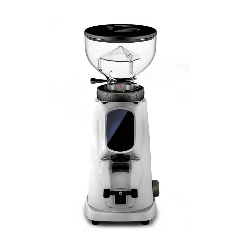 White fiorenzato Coffee espresso grinder with clear glass container on a white background