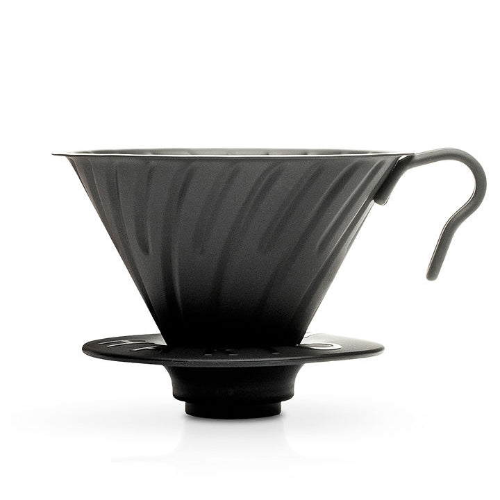 Black coffee dripper on a white background
