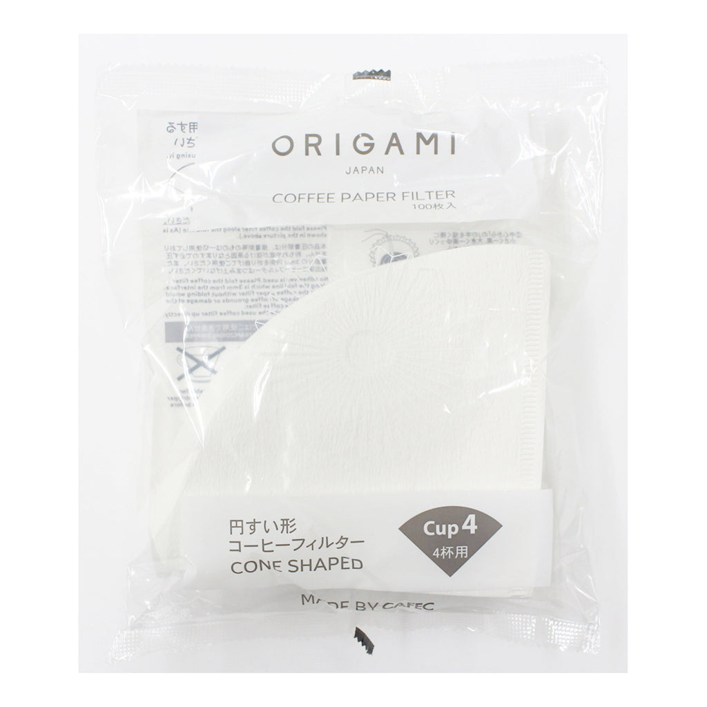 Medium Origami coffee paper filter packaging with text on a white background