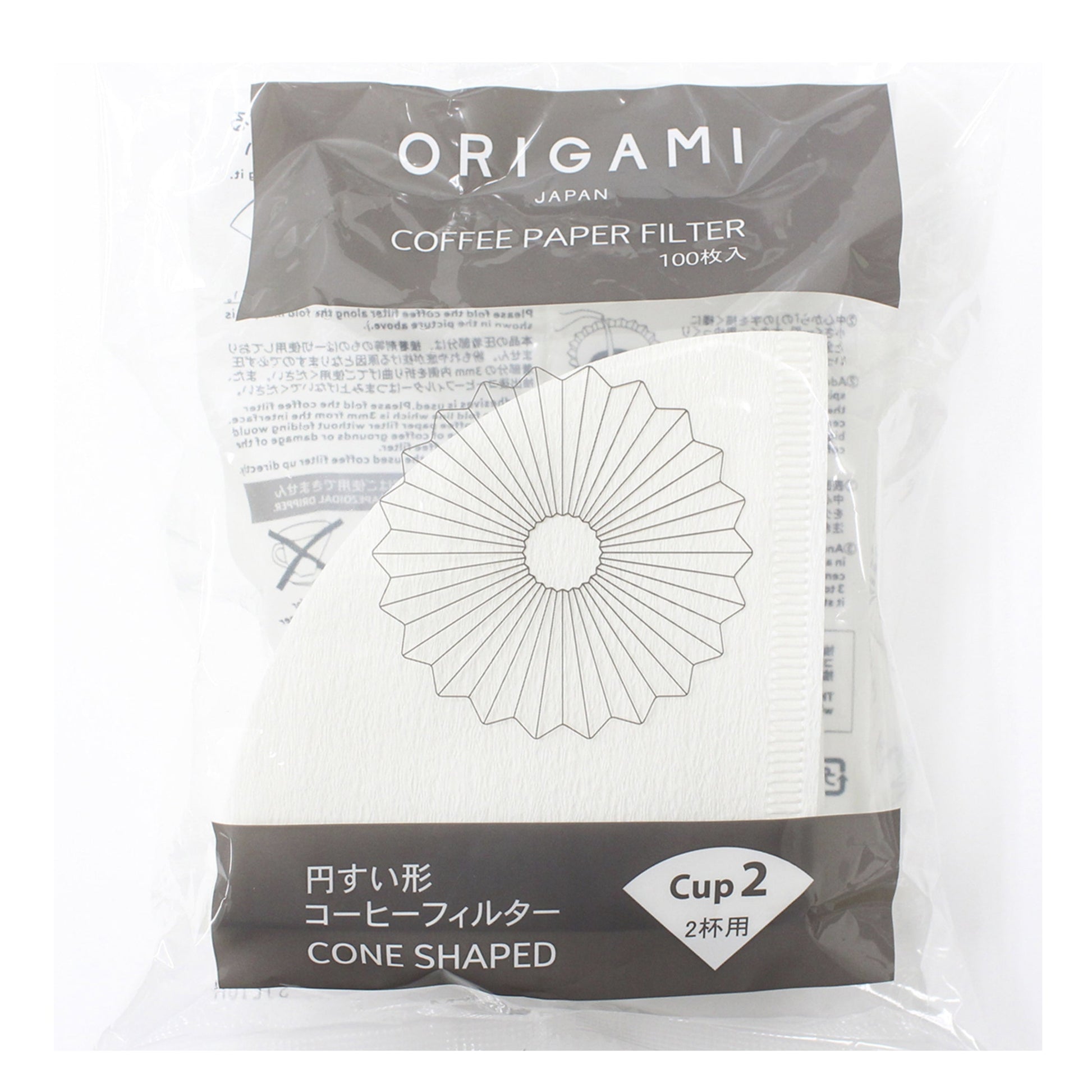 Origami Japan conical coffee paper filter package size small  on a white background