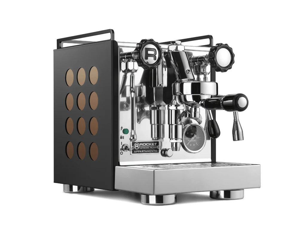 Rocket Appartamento Home Espresso machine front, right side view of matte black with 12 copper laser cut circles on the side