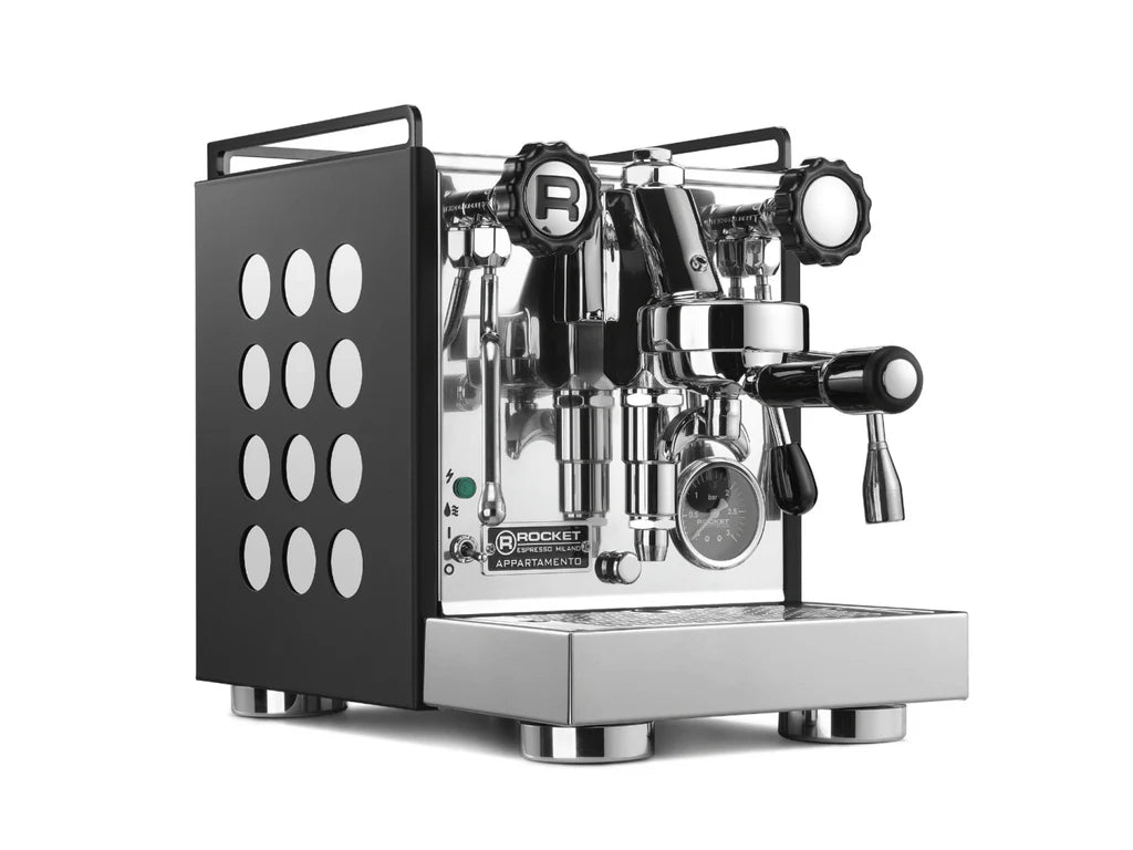 Rocket Appartamento Home Espresso machine matte black with stainless steel front and twelve white laser cut circles on each side
