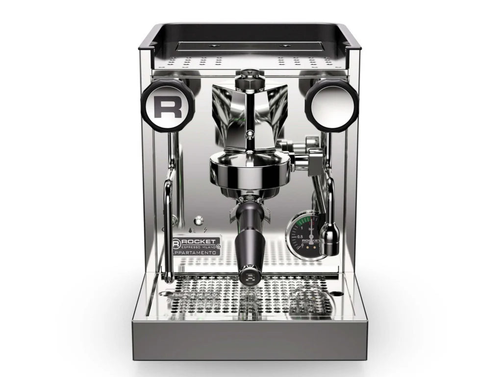 Rocket Appartamento TCA Home Espresso machine close-up of front of stainless steel porta-filter, hot water knob and steam wand all accessorized in black with R for Rocket