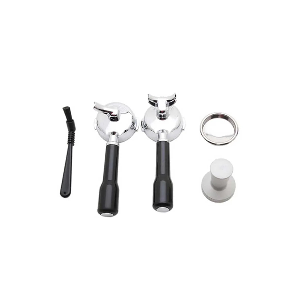 Rocket Cinquantotto home espresso machine Set of included coffee brewing tools including two black-handled tampers, a cleaning brush, and two metal distribution tools