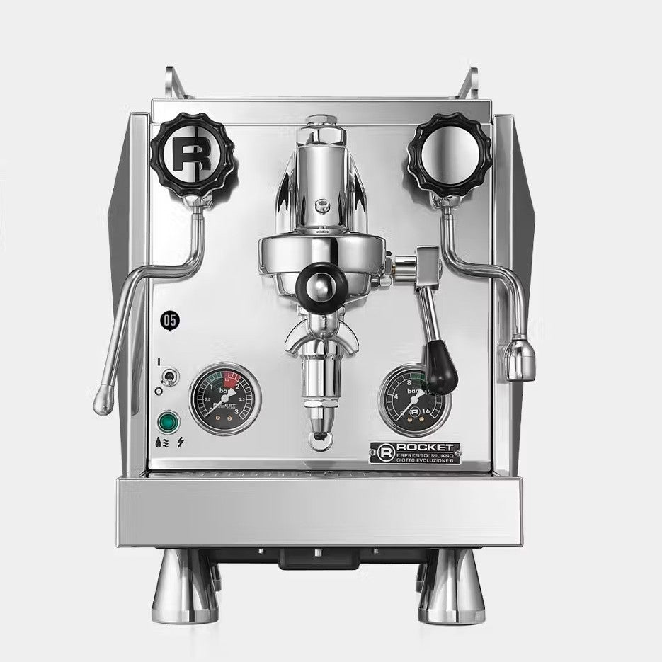 Rocket Giotto Home Espresso Machine front view in Stainless Steel showing angular feature on both sides