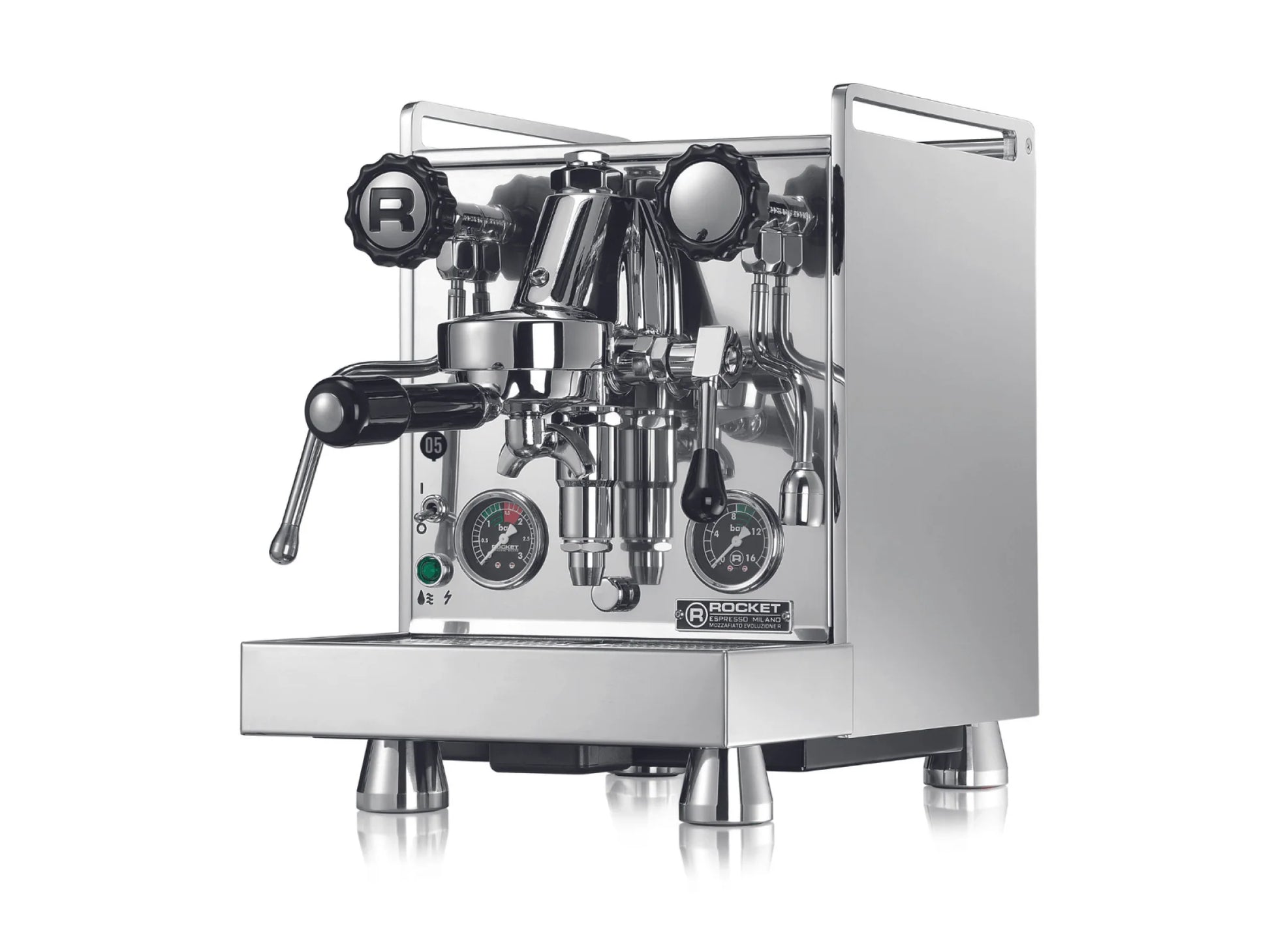 Rocket Mozzafiato Cronometro R home espresso machine in stainless steel with black controls showing the left and front of the machine