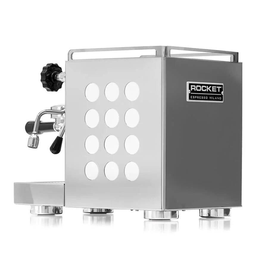 Rocket Appartamento Home Espresso machine back, left view of stainless steel machine with 12 white laser cut circles on the side