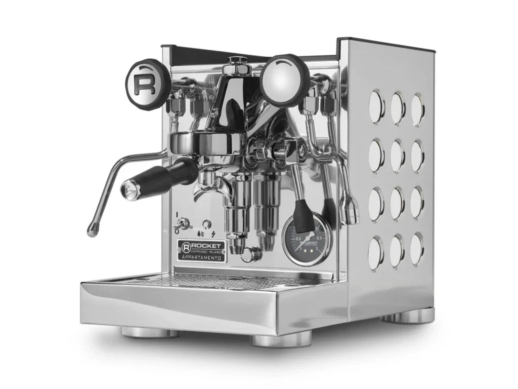 Stainless steel espresso machine with brand logo on a white background