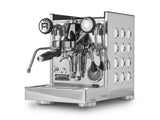 Stainless steel espresso machine with brand logo on a white background