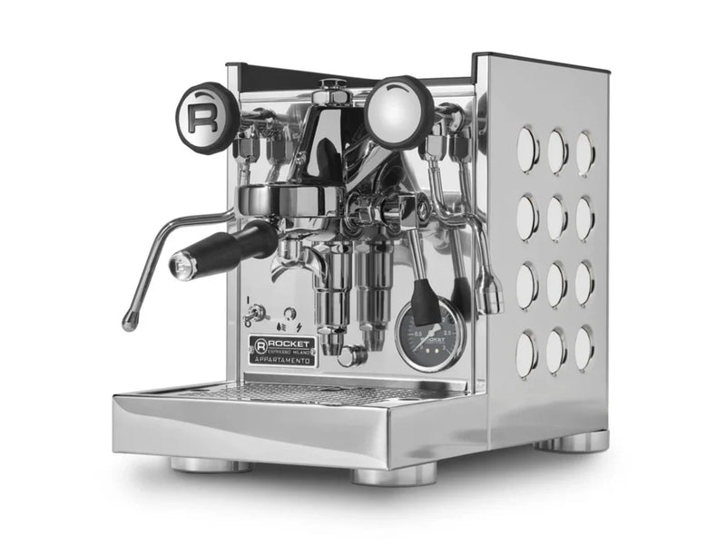 Stainless steel espresso machine with brand logo on a white background