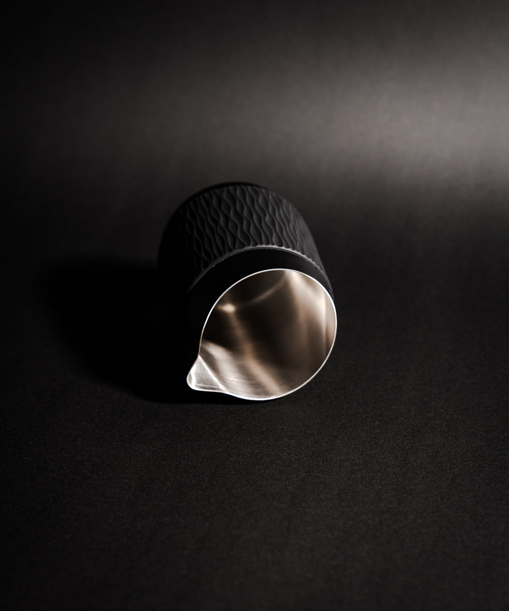 WPM Pitcher in Midnight Black showing spout detail designed for controlled, precise latte art pours