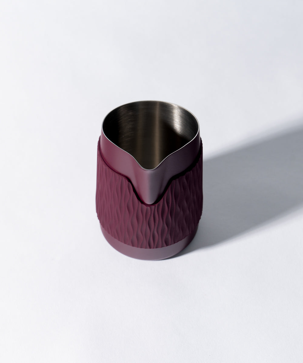 WPM Pitcher in Aubergine showing spout detail designed for controlled, precise latte art pours