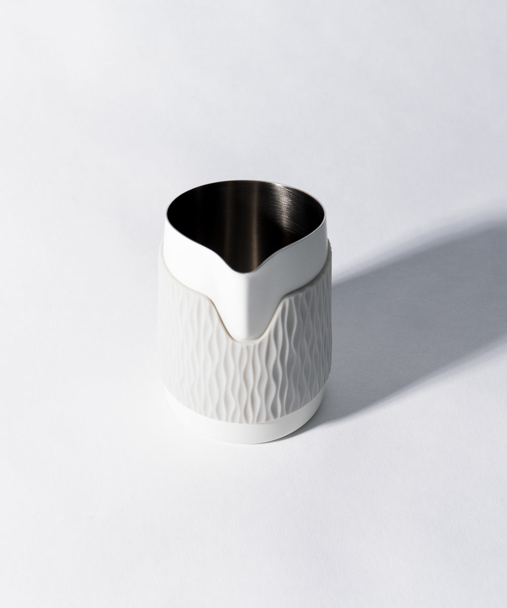 WPM Pitcher in Matte White showing spout detail designed for controlled, precise latte art pours