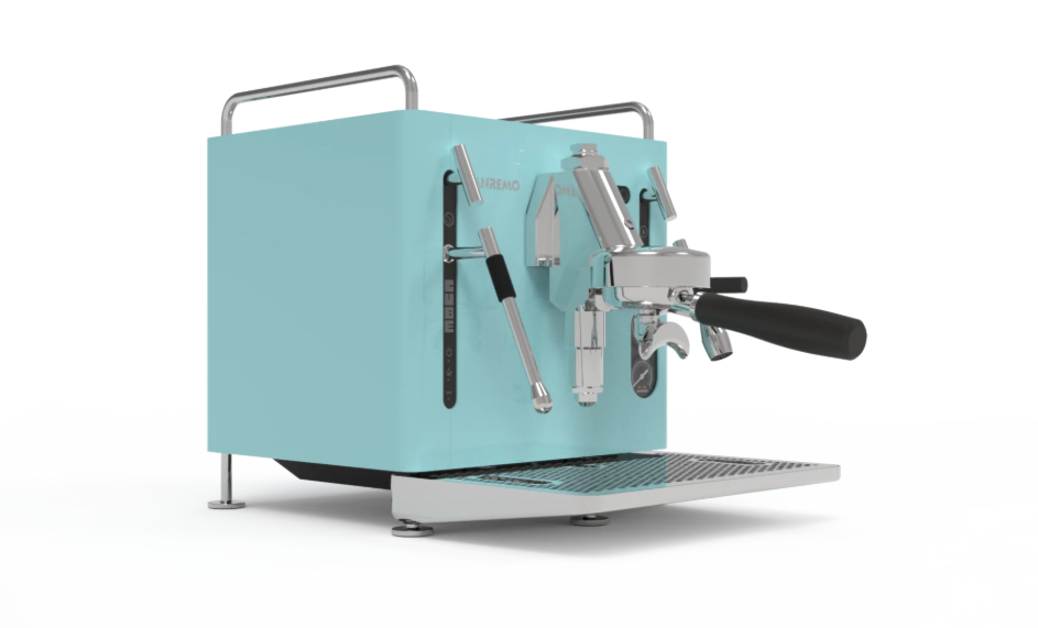 Sanremo CUBE A R home Espresso machine - turquoise azure lake blue on a white background