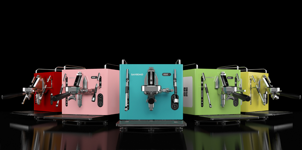 Sanremo CUBE A R Home Espresso machine candy pink azure lake blue turquoise matcha green background