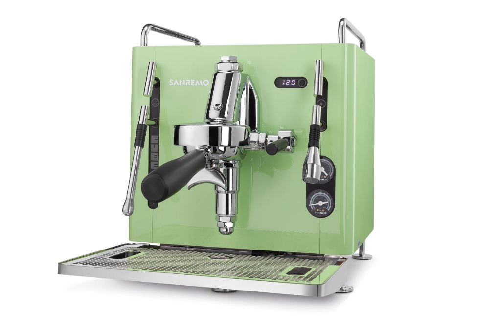 Sanremo CUBE A R home Espresso machine - matcha green front view on a white background and white counter
