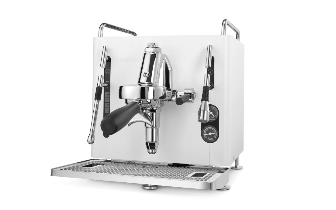 Sanremo CUBE A R white front view home Espresso machine on all white background