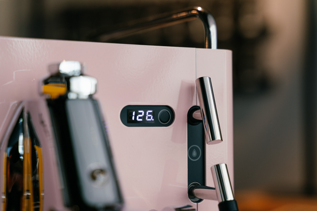 Sanremo CUBE A R home espresso machine candy pink rose with close-up of temperature control