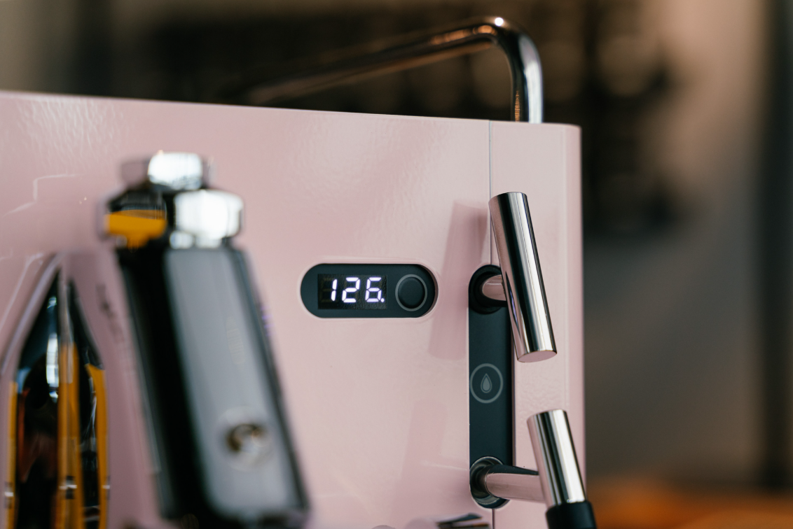 Sanremo CUBE A R home espresso machine candy pink rose with close-up of temperature control