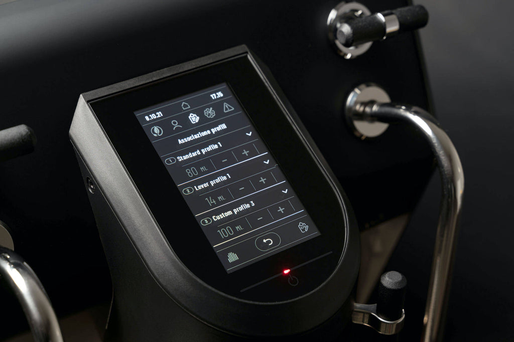 Sanremo YOU black  -  digital display - control panel on front of home espresso machine showing various settings and options.