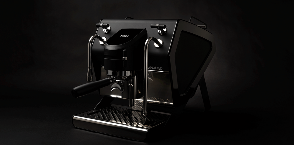 Sanremo YOU All Black Left side and front  home espresso machine on a dark
