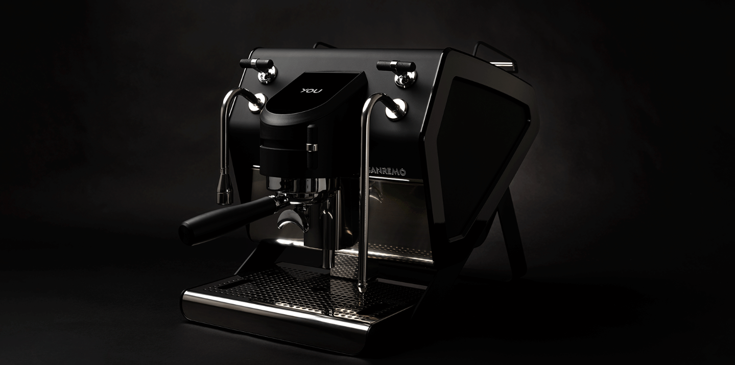 Sanremo YOU All Black Left side and front  home espresso machine on a dark