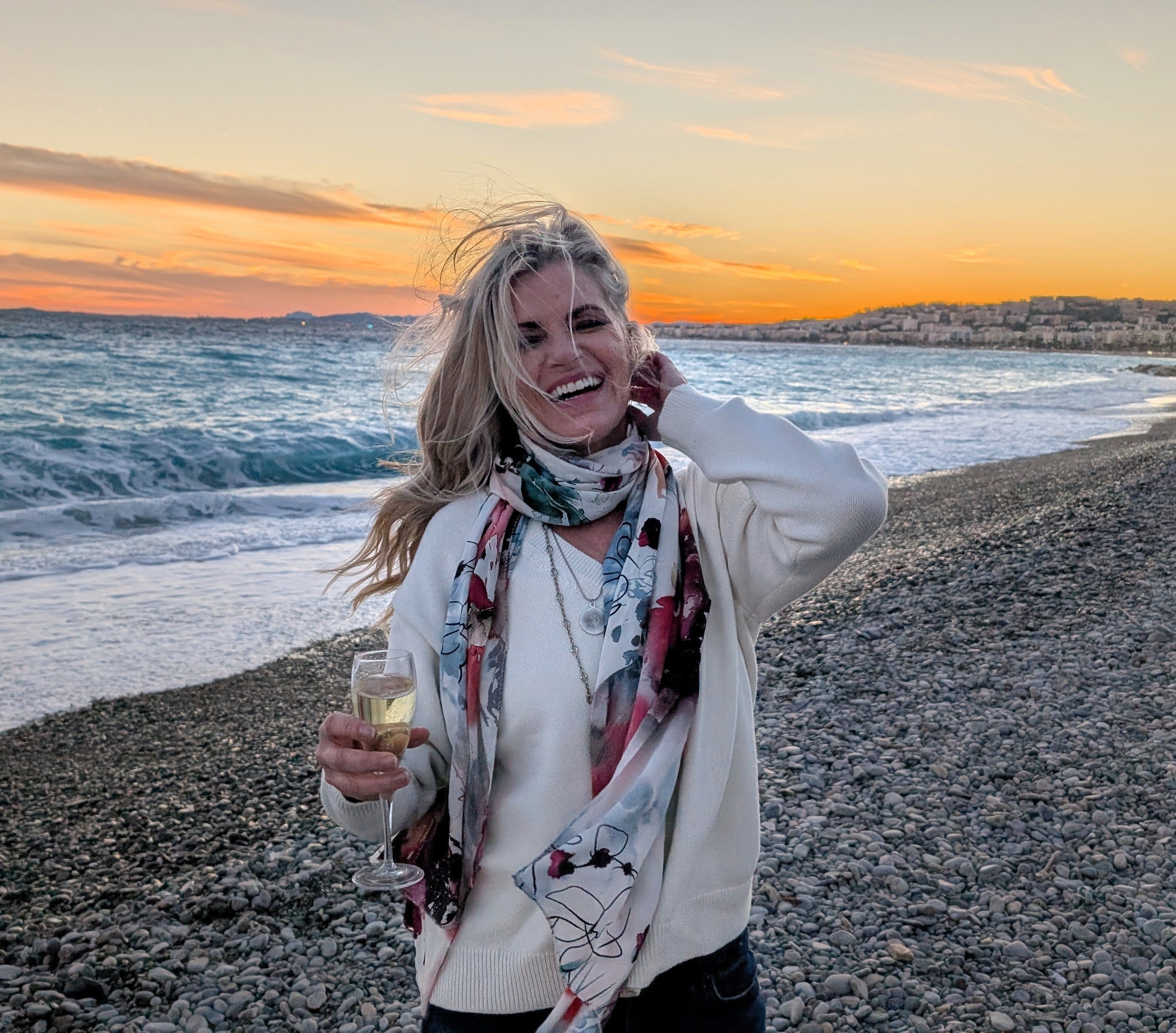 Tanya Snowden - founder and managing partner of Espresso Momenti - on the beach in Nice France