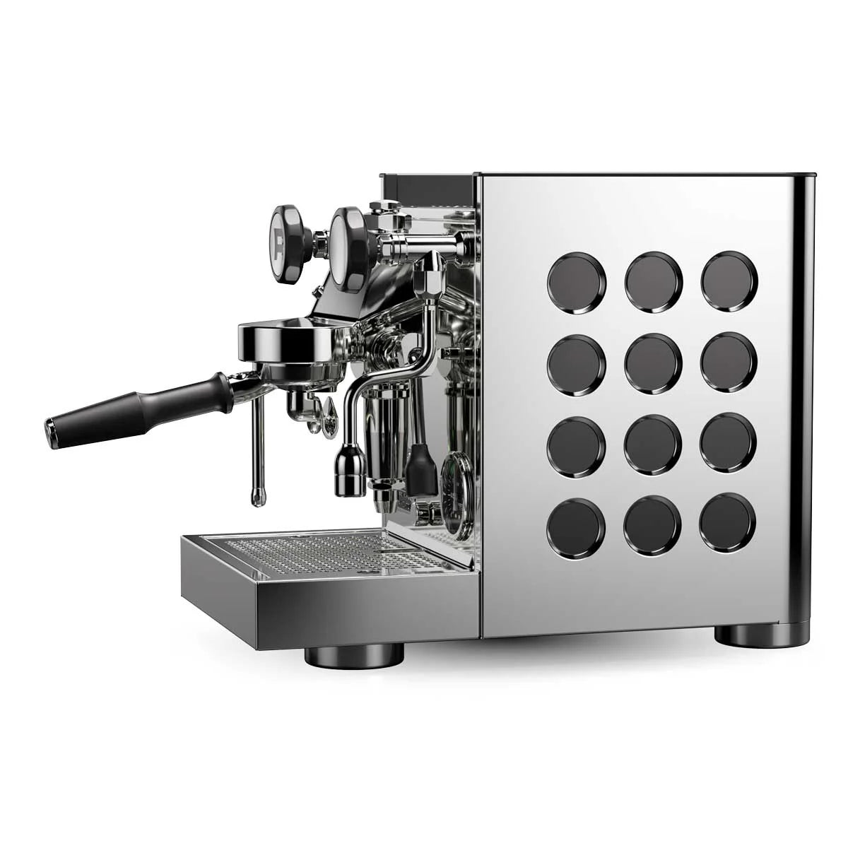 Rocket appartamento TCA home espresso machine in stainless steel, left side view showing the black laser cutout circles