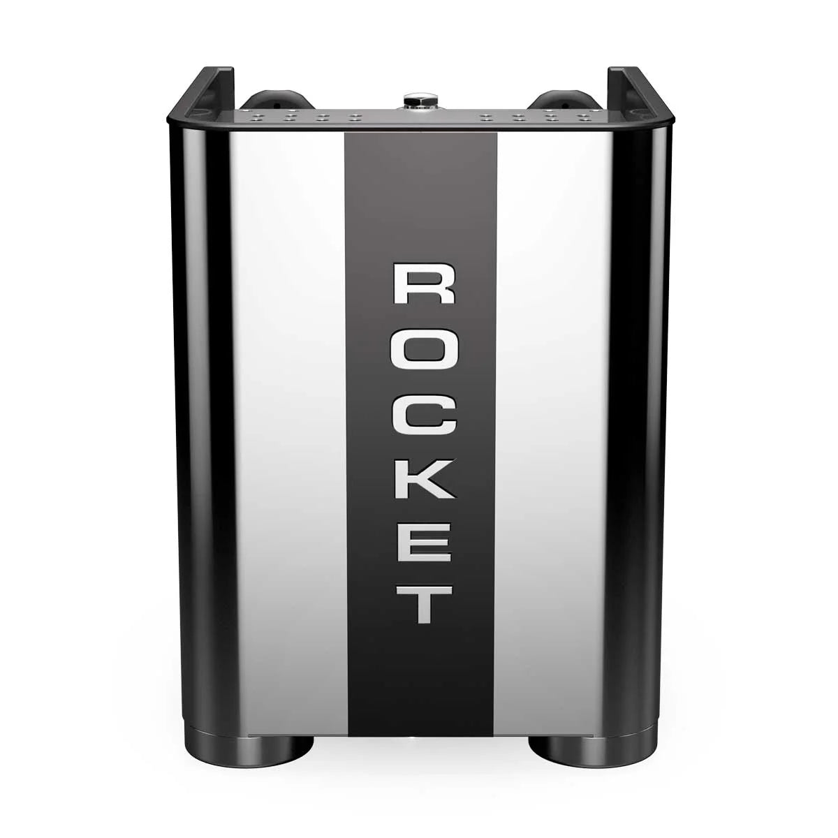 Rocket Appartamento TCA Home Espresso machine back view of stainless steel with black stripe running down the center of the back of machine with stainless steel Rocket word written in it