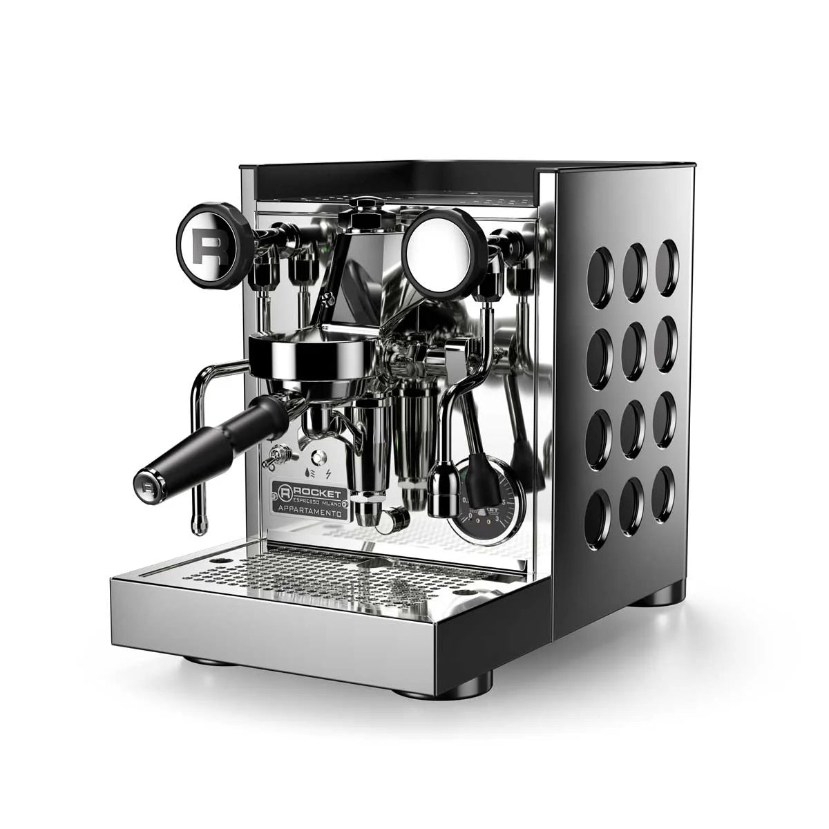 Rocket Appartamento TCA Home Espresso machine stainless steel with black laser cut circles angled to show front, left view